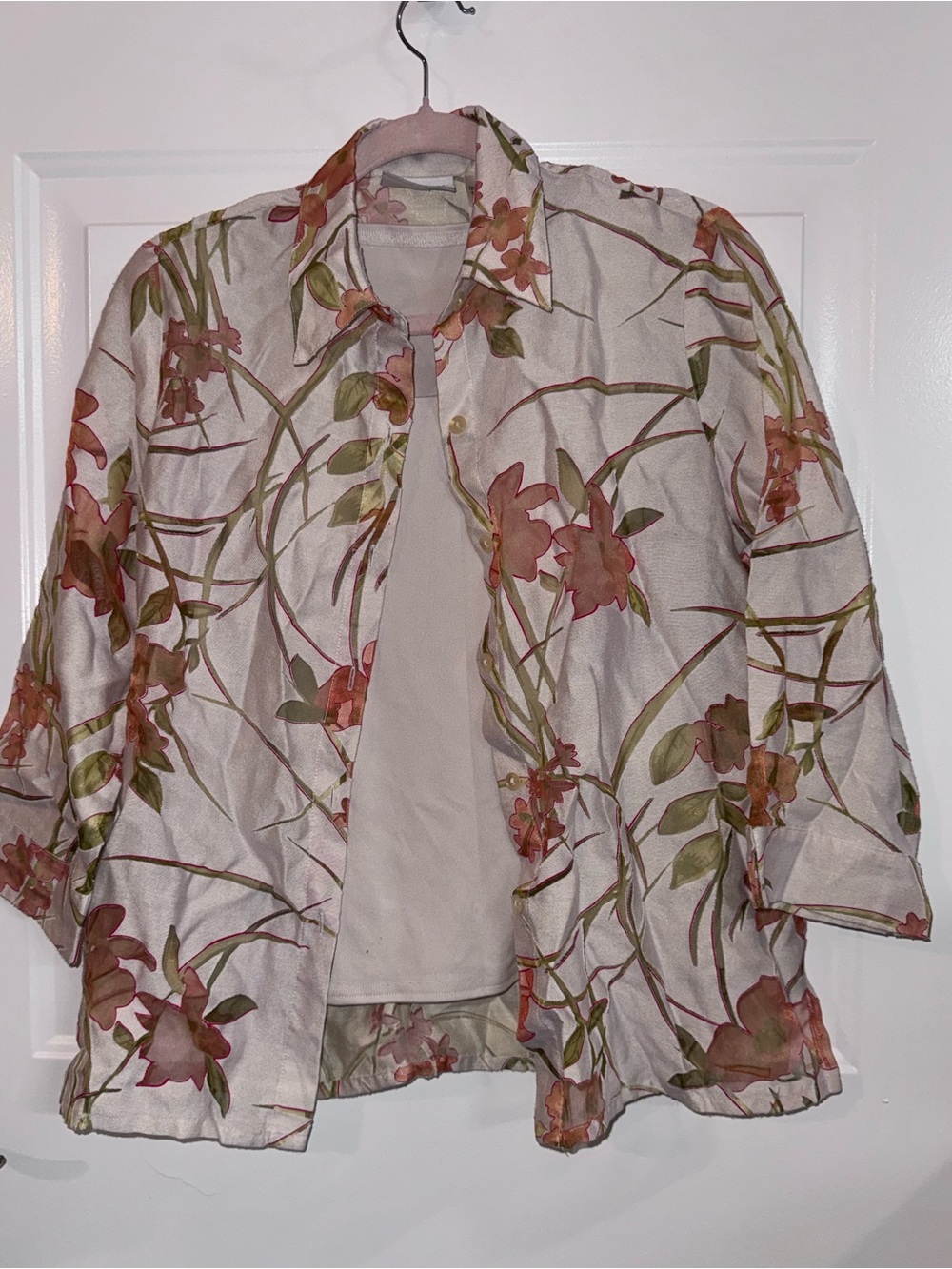 Alfred Dunner Cream Sheer Floral Button-Down with Pink & Olive Floral Print